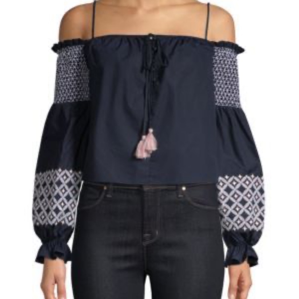 Rebecca Minkoff Navy Off-Shoulder Blouse with Geometric Sleeves
